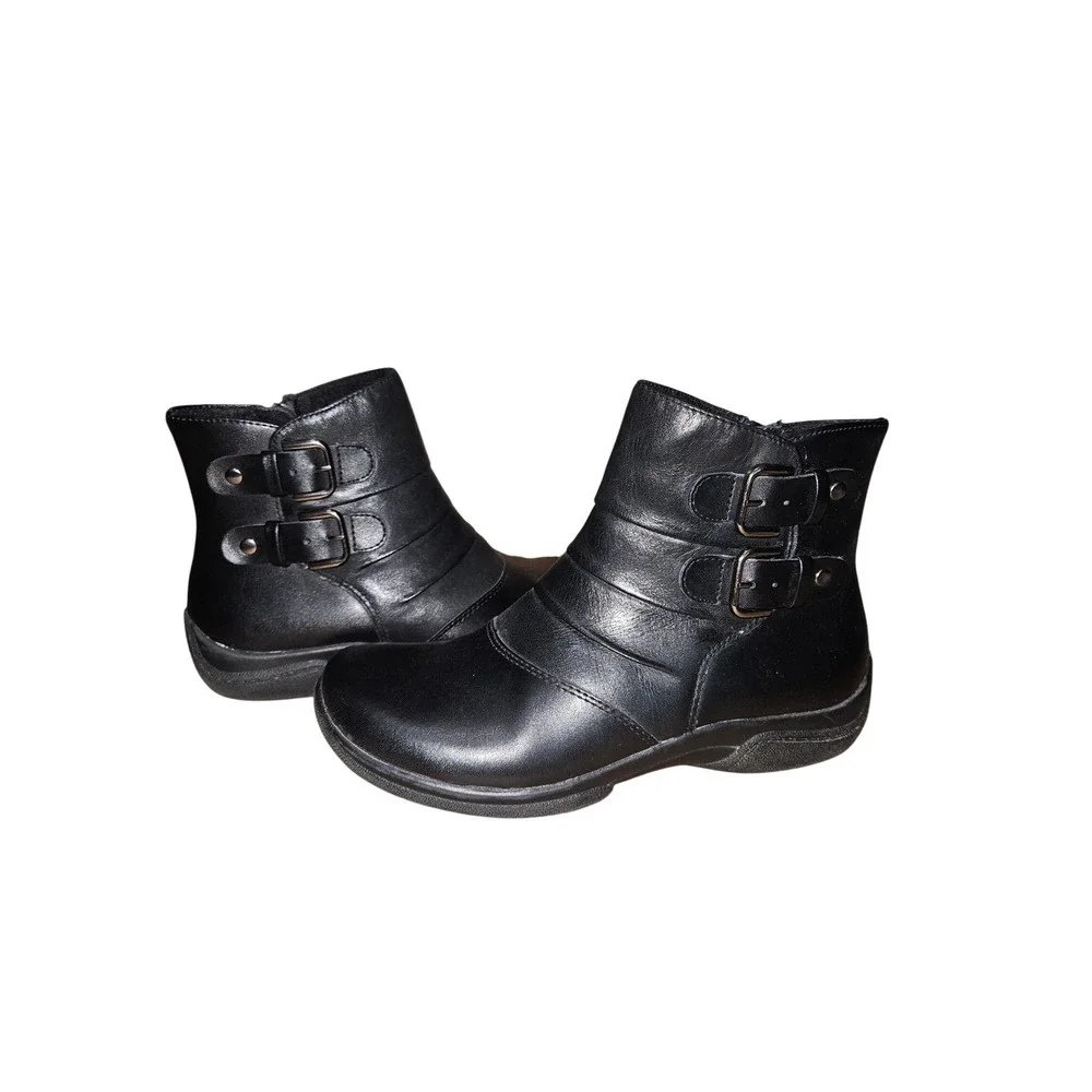 Earth Origins DeSoto‎ Black Leather Ankle Boots Buckle Zip Women's 6